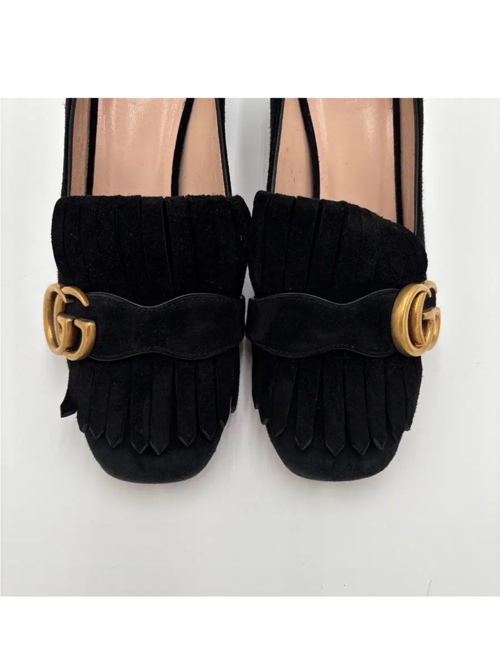 Gucci Black Suede Marmont Fringe Block Heel Loafers with Gold GG in Sz 38 1/2 - Picture 3 of 16